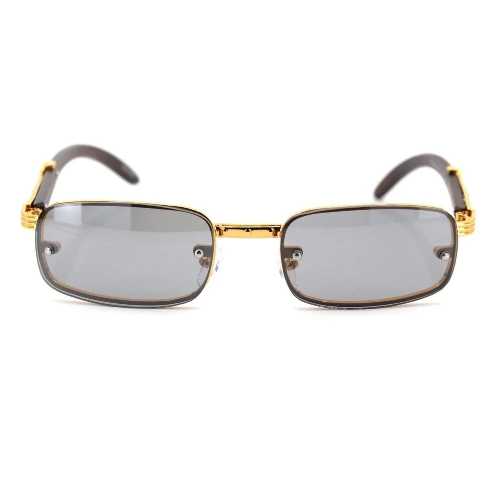 Rimless Rectangle Sunglasses Gold Frame Wood Arms Vintage Style Fashion‎ Women